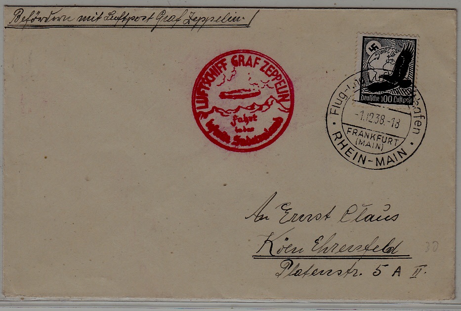 Germany Zeppelin cover Sudetenland flight 1.12.38