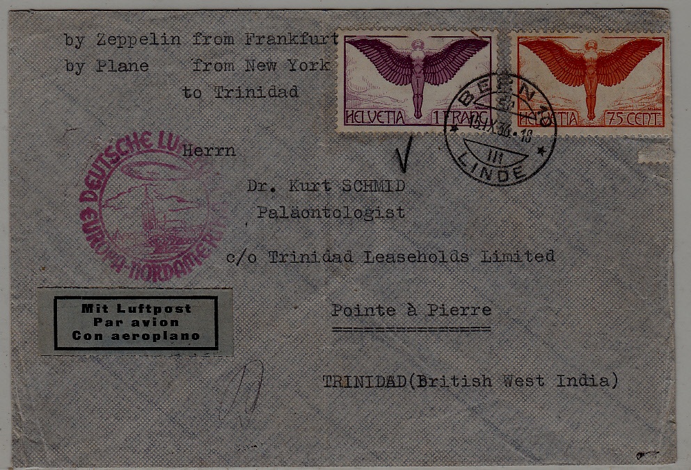 Switzerland/Germany/Trinidad Tobago Zeppelin cover folded 15.9.36 Bern