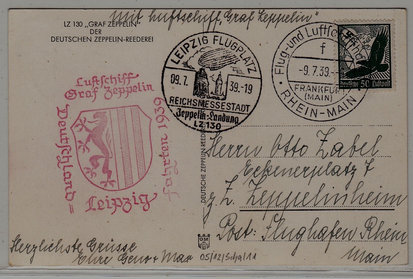Germany Zeppelin card 9.7.39 Leipzig