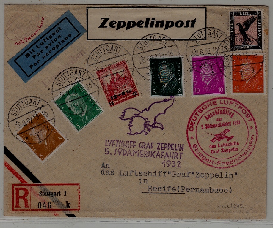 Germany/Brazil reg.Zeppelin cover 5.SAF 28.8.32 Stuttgart