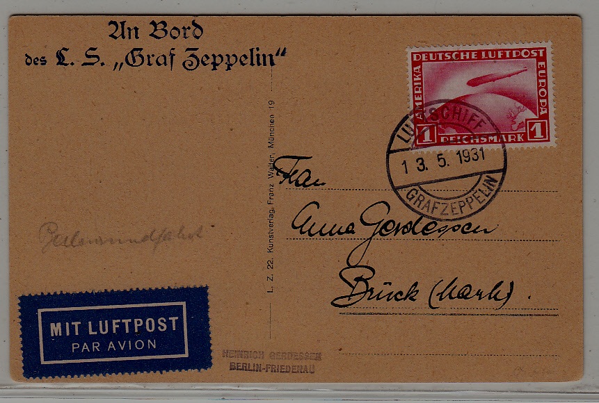 Germany Zeppelin card 13.5.31 signed Aisslinger