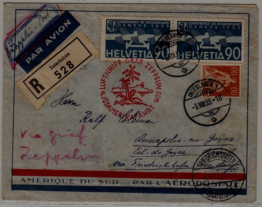 Switzerland/Germany/Brazil Zeppelin cover 4.SAF 3.8.33 crease