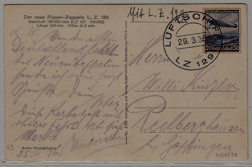 Germany Zeppelin card LZ 129 29.3.36 boardpost