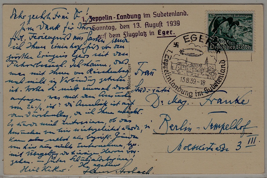 Germany Zeppelin card 13.8.39 Eger