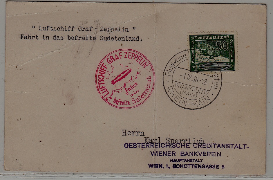 Germany Zeppelin card folded Sudetenland flight 1.12.38