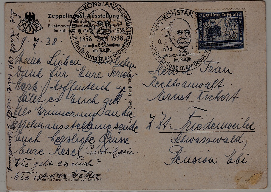 Germany Zeppelin card 9.7.38 Konstanz crease