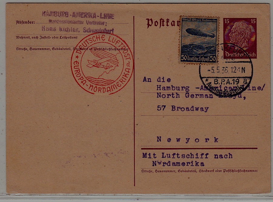 Germany Zeppelin card NAF 5.5.36 Frankfurt
