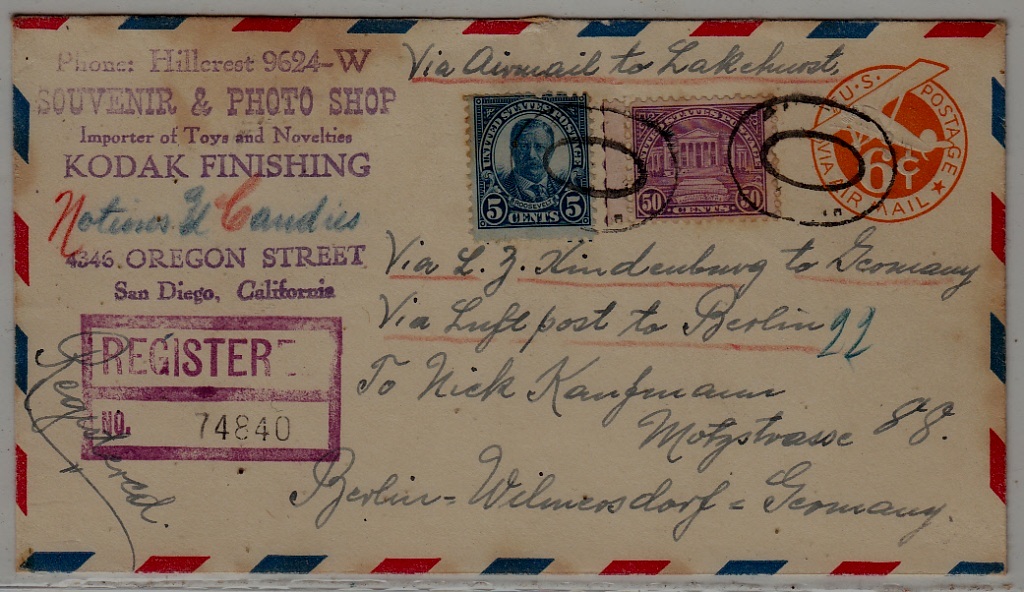 USA/Germany registered Zeppelin cover 18.5.36