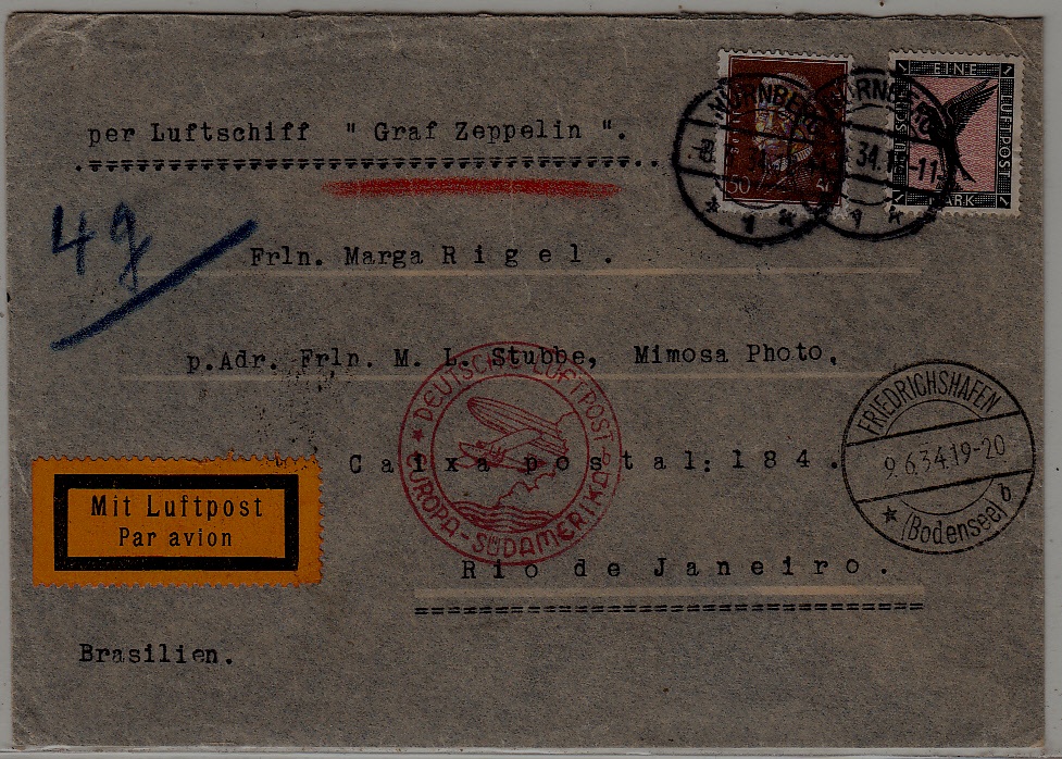 Germany/Brazil Zeppelin cover 8.6.34 Nurnberg