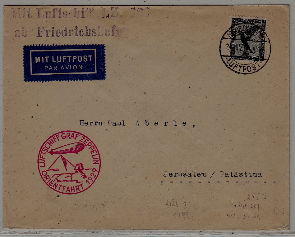 Germany/Palestine Zeppelin cover Orientfahrt 24.3.29