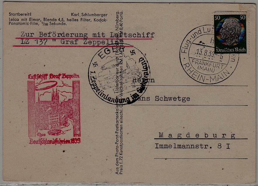 Germany Zeppelin card 13.8.39 Eger