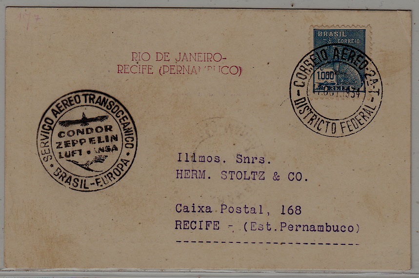 Brazil Zeppelin card 17.10.34 Rio-Recife