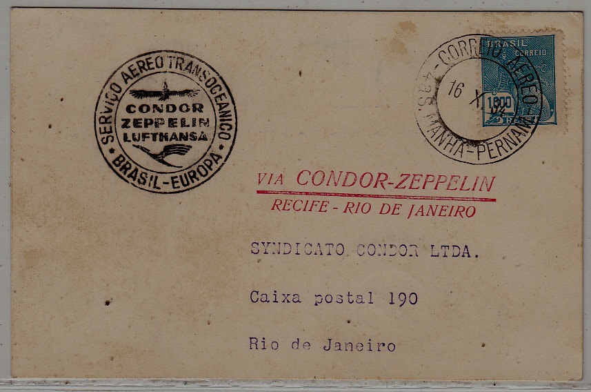 Brazil Zeppelin card 16.10.34 Recife-Rio