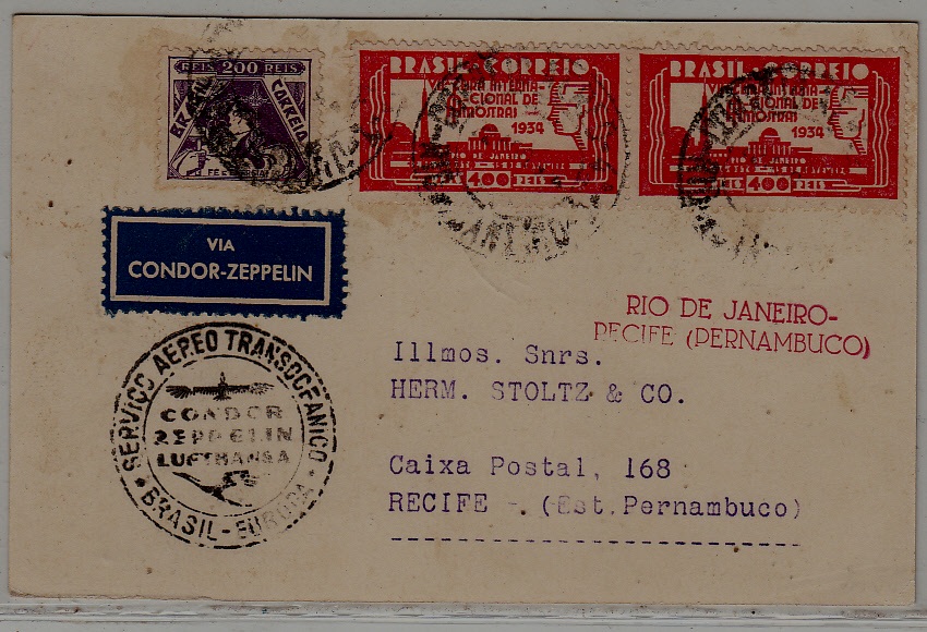 Brazil Zeppelin card 23.8.34 Rio-Recife