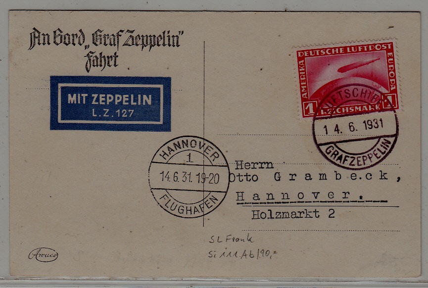Germany Zeppelin card 14.6.31 Hannover,boardpost