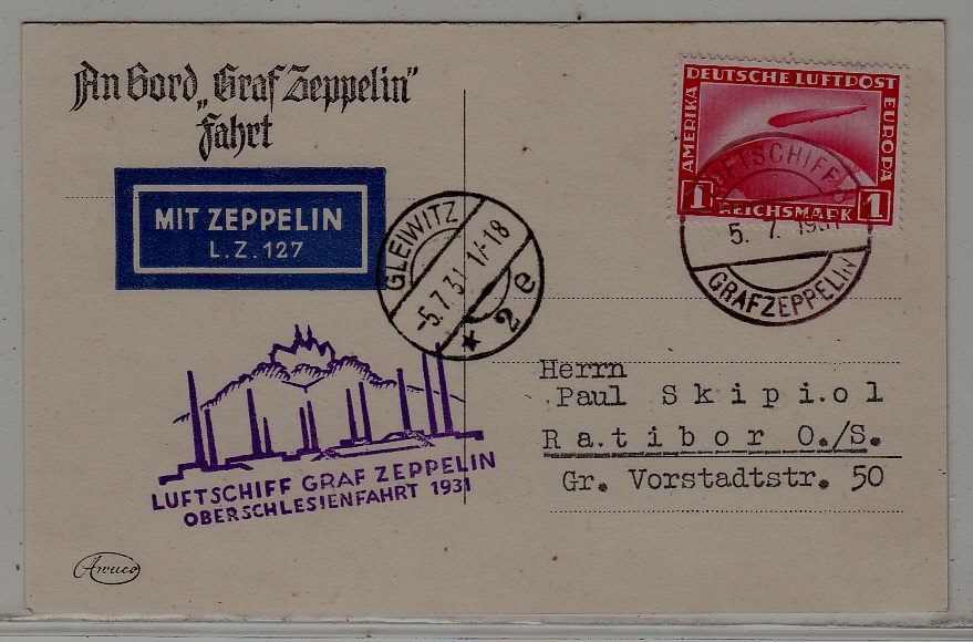 Germany Zeppelin card 5.7.31 Glewitz,boardpost