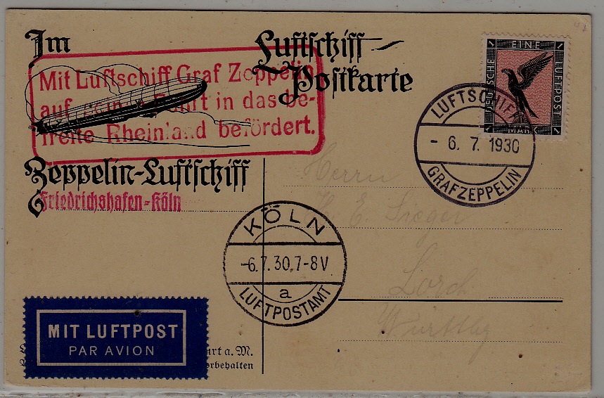 Germany Zeppelin card 6.7.30 Koln boardpost