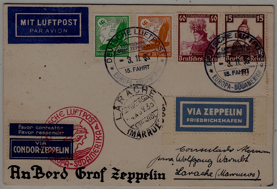 Germany/Spain Zeppelin card 15.SAF 3.11.35