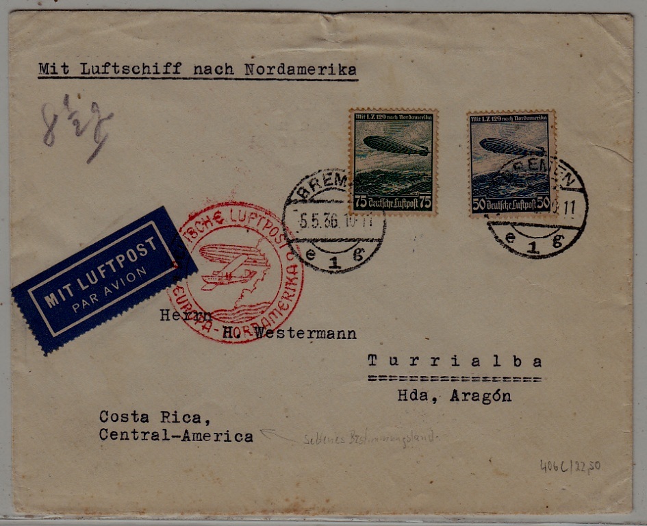 Germany/USA/Costa Rica Zeppelin cover 5.5.36 Bremen