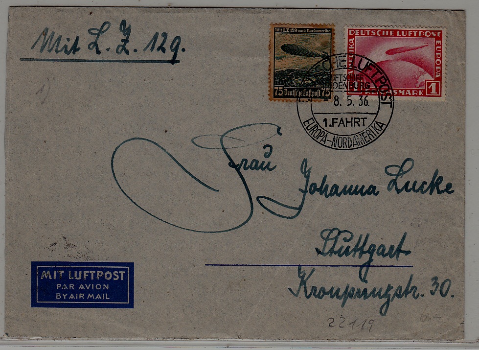 Germany/USA Zeppelin cover 1.NAF 8.5.36 crease