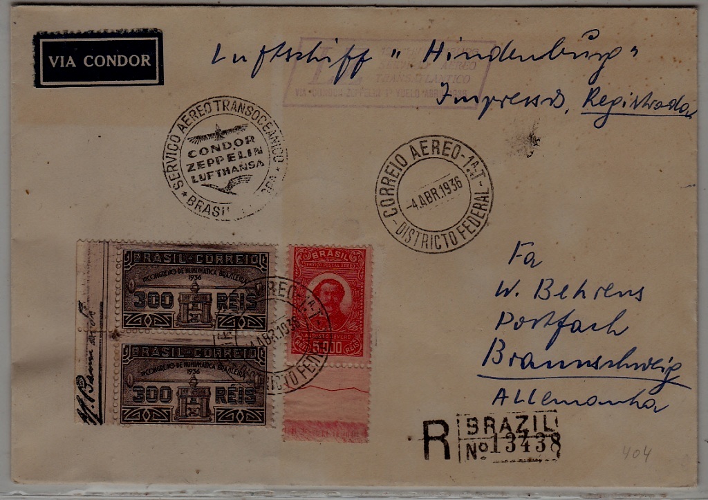 Brazil/Germany registered Zeppelin cover 4.4.36