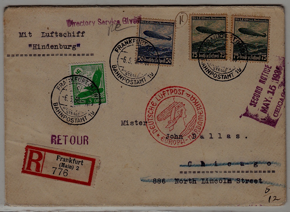 Germany/USA/Switzerland registered Zeppelin cover 6.5.36 Frankfurt