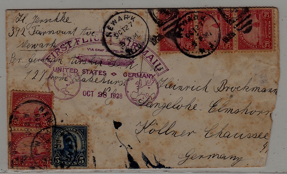 USA/Germany Zeppelin cover 27.10.28 Newark,faults