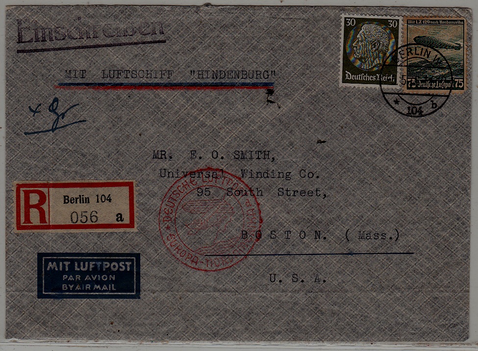 Germany/USA registered Zeppelin cover 5.5.36 Berlin crease