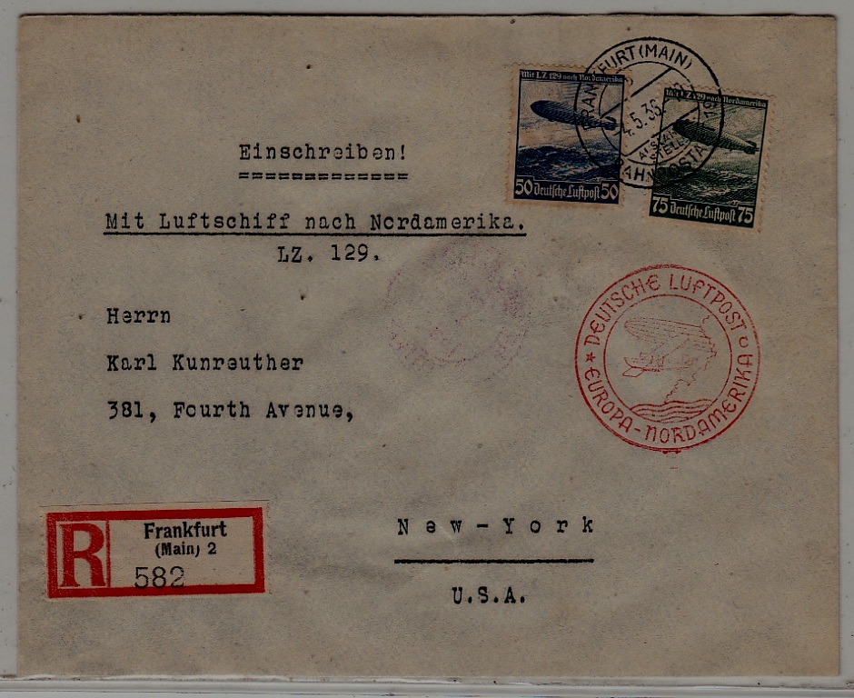 Germany/USA registered Zeppelin cover 4.5.36 Frankfurt