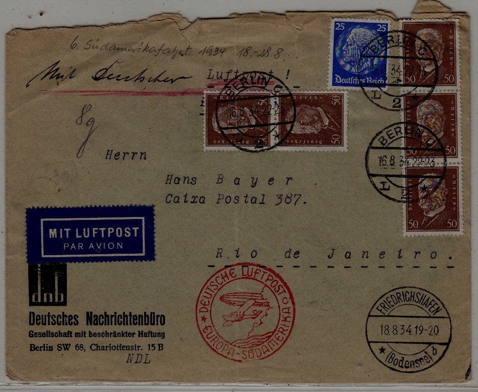 Germany/Brazil Zeppelin cover 16.8.34 Berlin faults