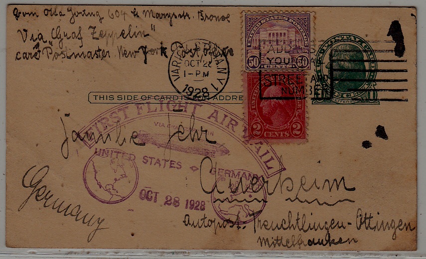 USA/Germany Zeppelin card 28.10.28 Varick crease