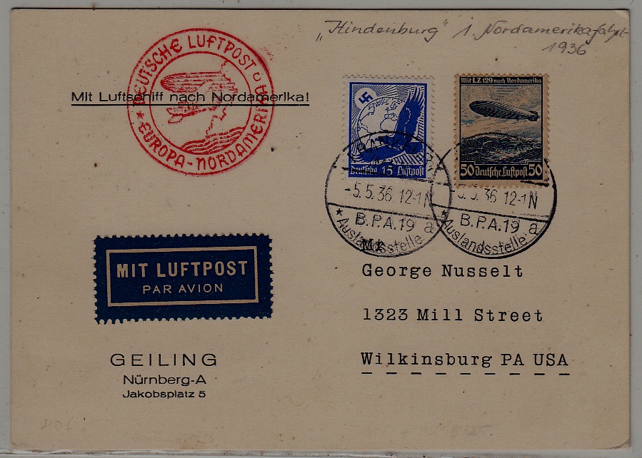 Germany/USA Zeppelin card 5.5.36 Frankfurt
