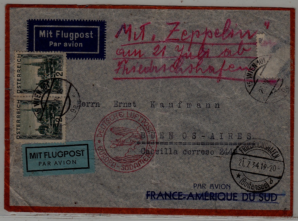 Austria/Argentina Zeppelin cover 20.7.34 Wien faults