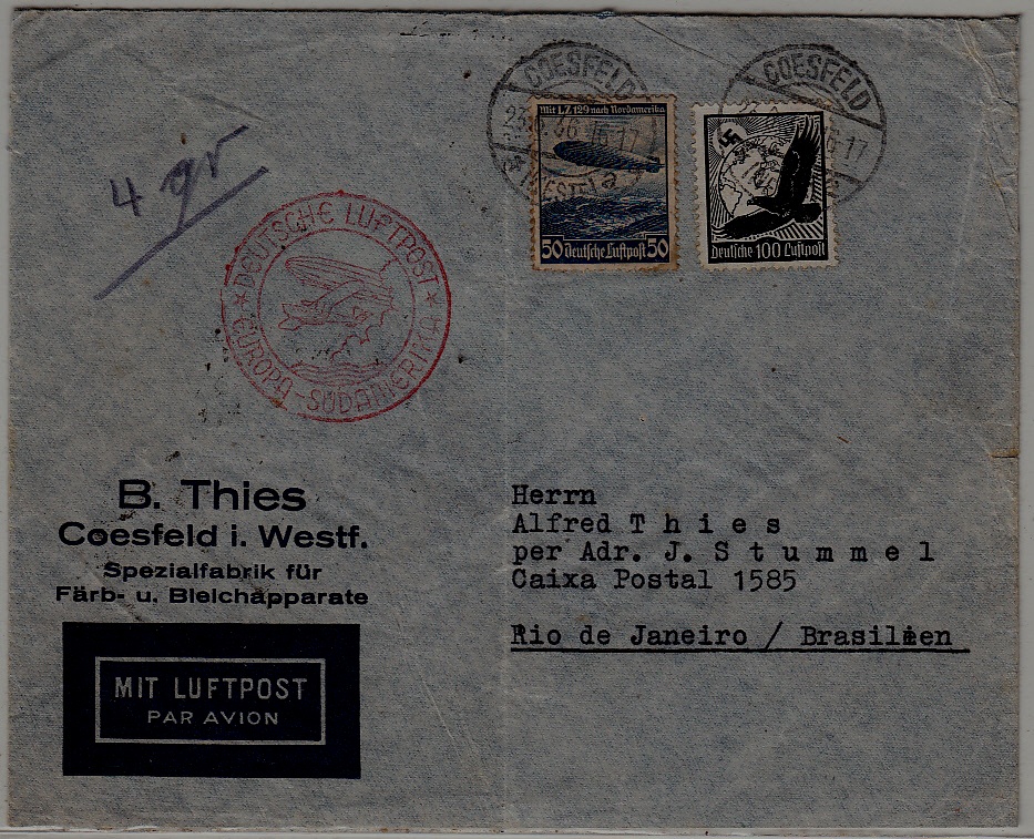Germany/Brazil Zeppelin cover folded 23.6.36 Coesfeld