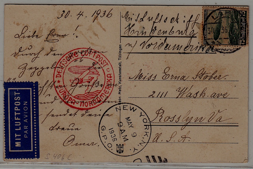 Germany/USA Zeppelin card 30.4.36 Lahr