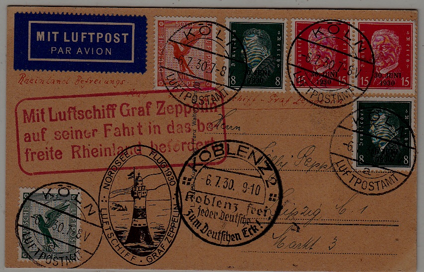 Germany Zeppelin card 6.7.30 Koln,Koblenz