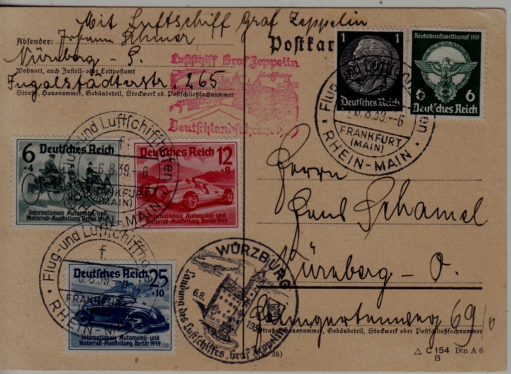 Germany Zeppelin card 6.8.39 Wurzburg