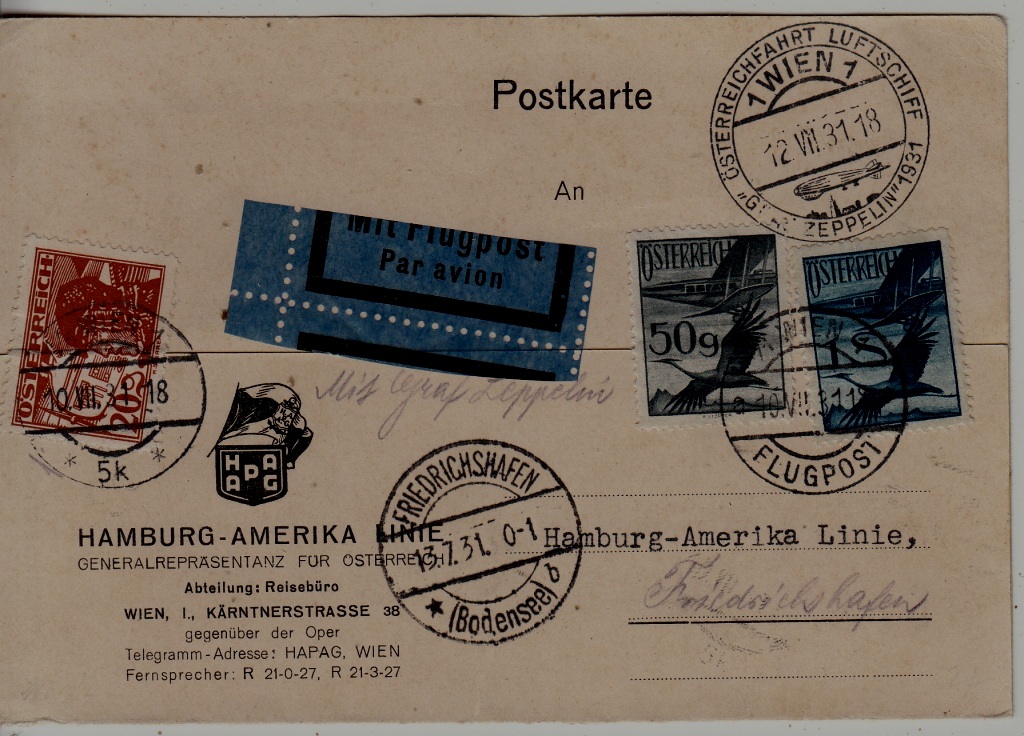 Austria/Germany Zeppelin card 10.7.31 Wien
