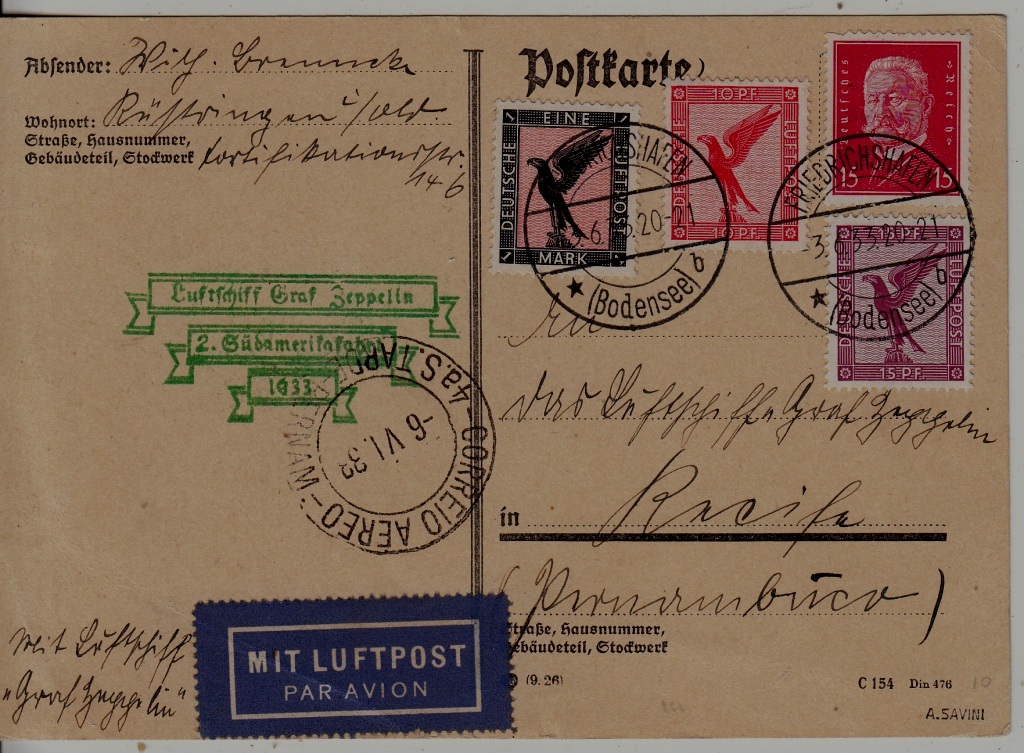 Germany/Brazil Zeppelin card 2.SAF 3.6.33 crease