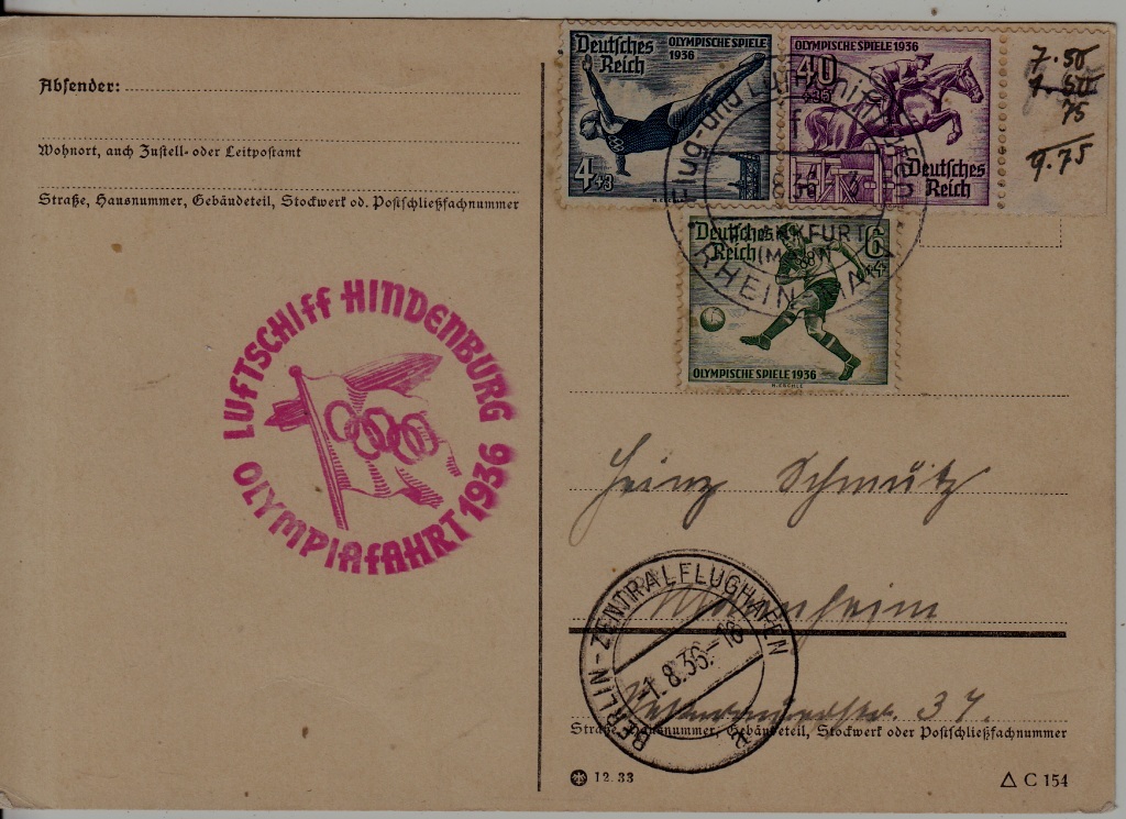 Germany Zeppelin card Olympiafahrt 1.8.36