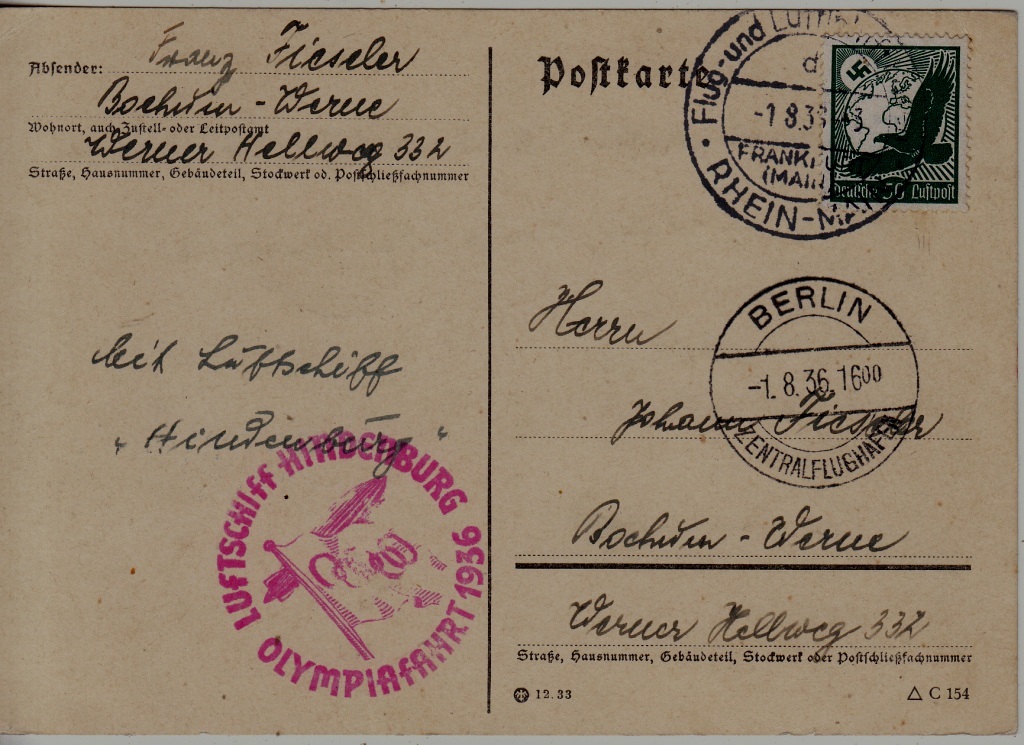 Germany Zeppelin card Olympiafahrt 1.8.36