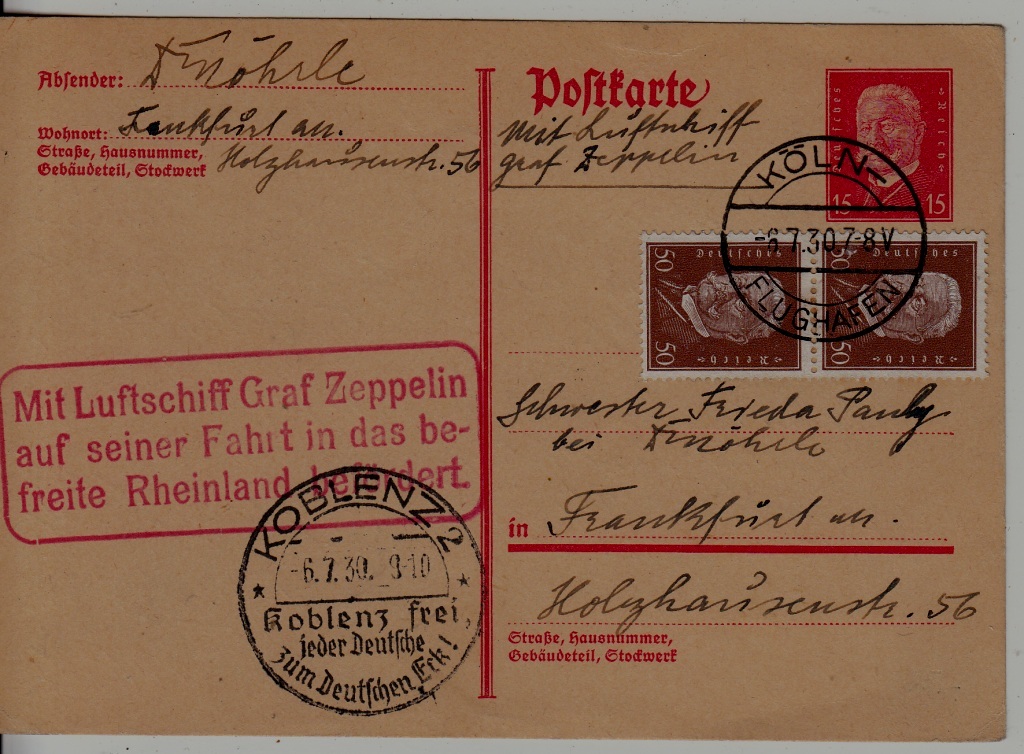 Germany Zeppelin card 6.7.30 Koln,Koblenz