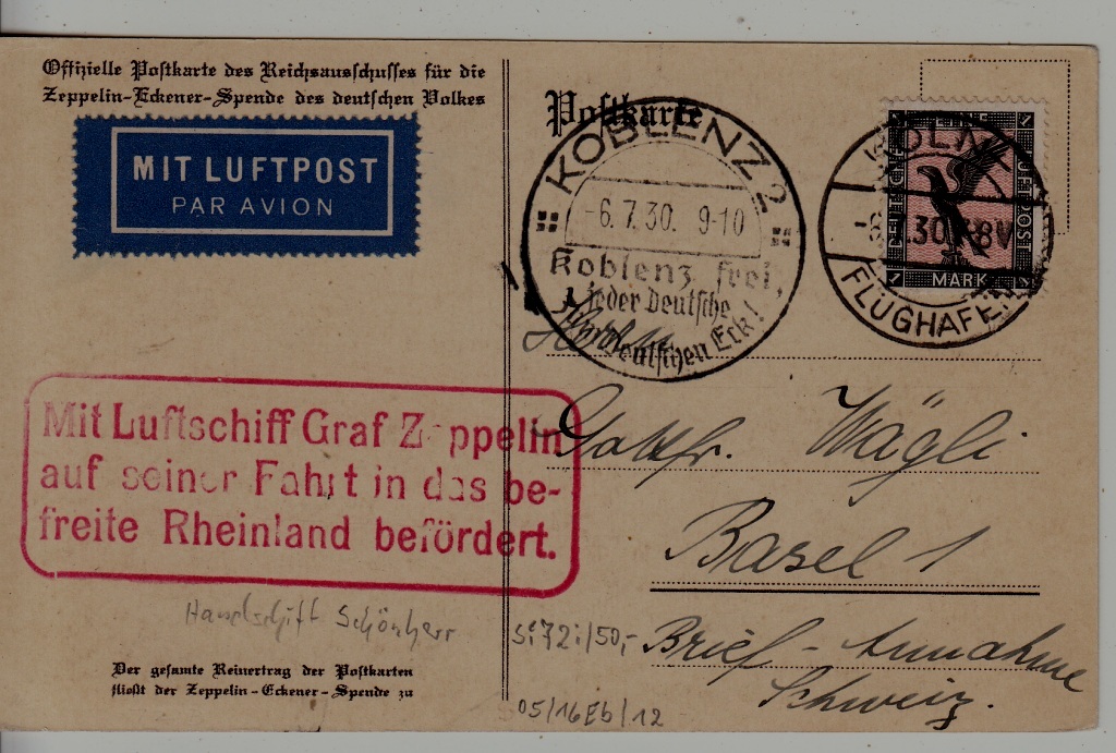 Germany Zeppelin card 6.7.30 Koln,Koblenz