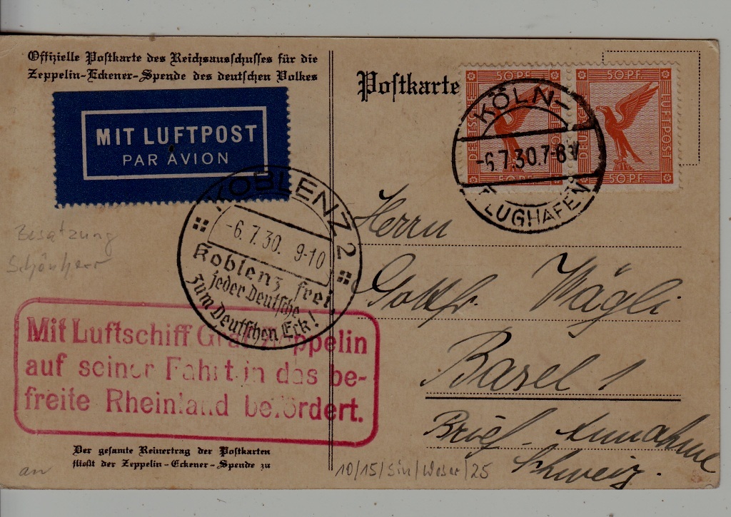 Germany Zeppelin card 6.7.30 Koln,Koblenz