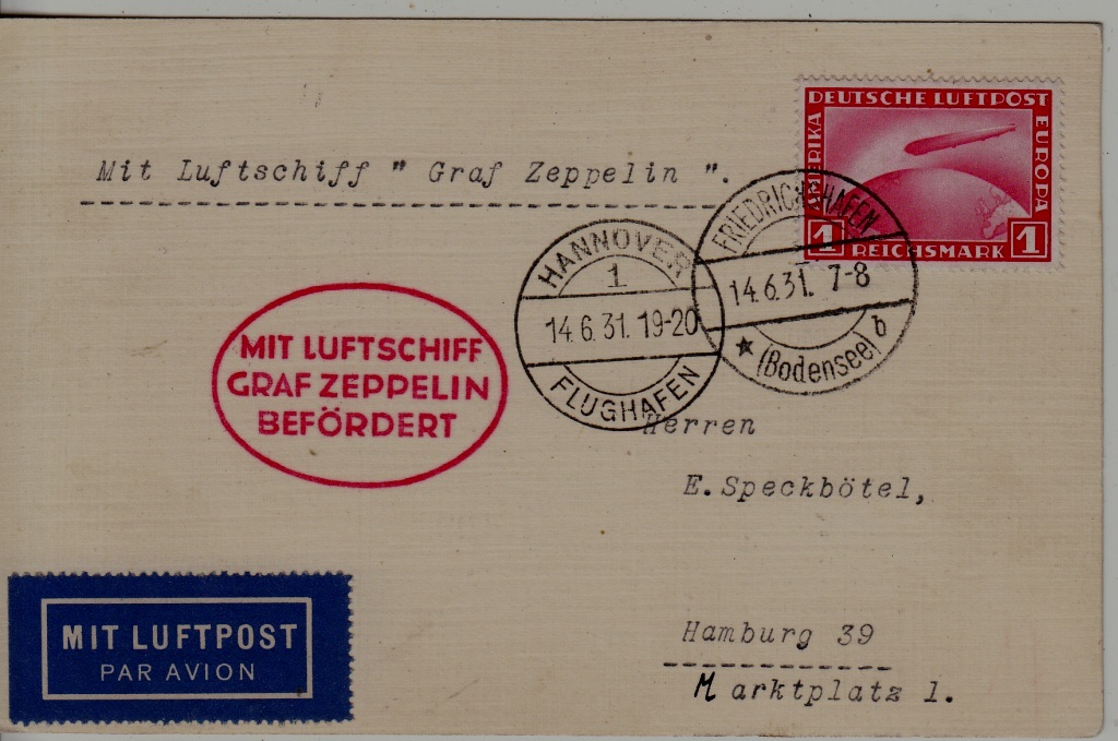 Germany Zeppelin card 14.6.31 Hannover