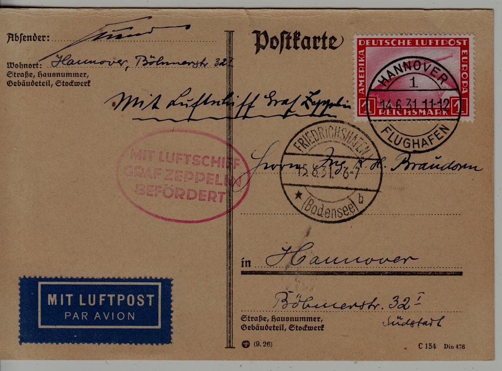 Germany Zeppelin card 14.6.31 Hannover