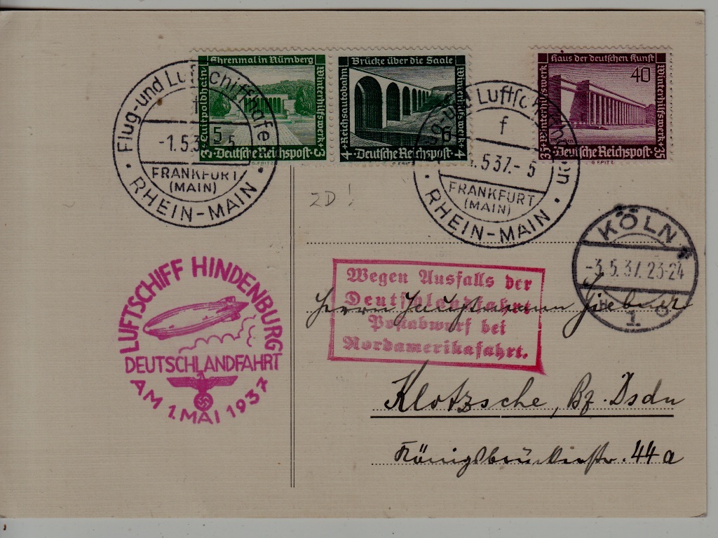 Germany Zeppelin card Deutschland fahrt 1.5.37 Koln