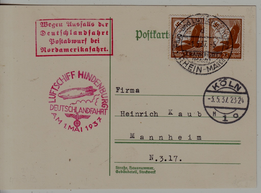 Germany Zeppelin card Deutschland fahrt 3.5.37 Koln