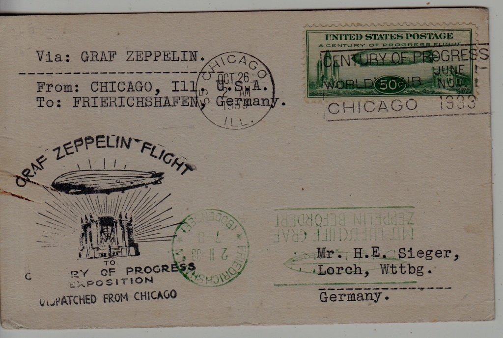 USA/Germany Zeppelin card 26.10.33 Chicago- Friedrichshafen