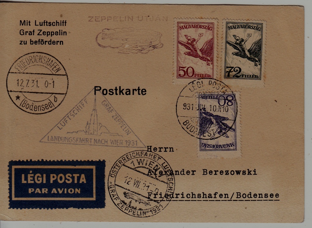 Hungary/Austria/Germany Zeppelin card 10.7.31